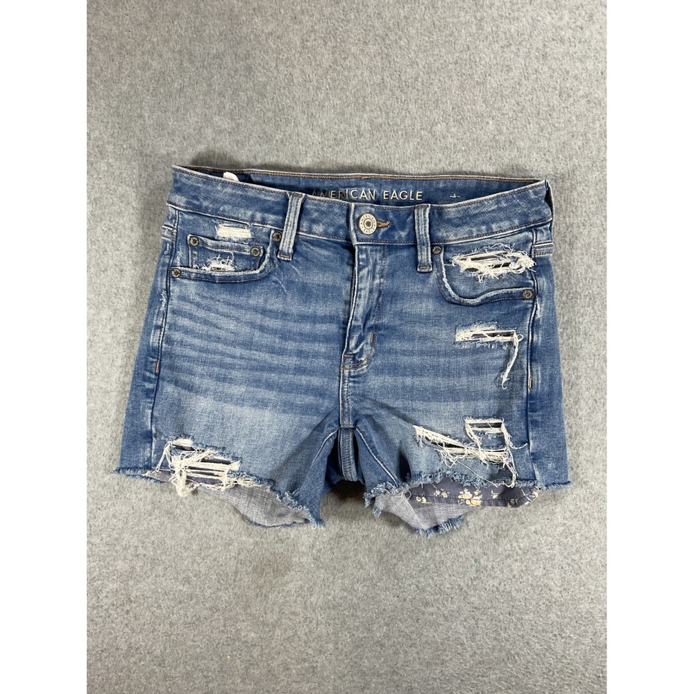 American Eagle Distressed Floral Backed Denim Shorts Medium Wash Womens 6 1696
